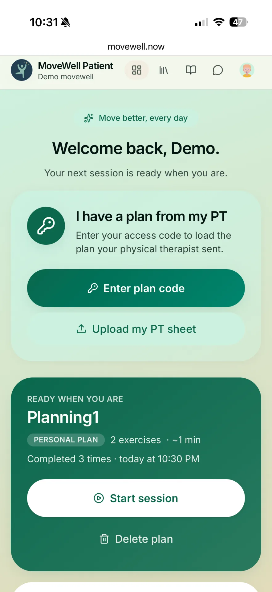 MoveWell user dashboard